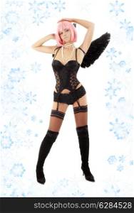 picture of dancing black lingerie angel with pink hair and snowflakes