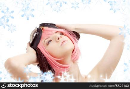 picture of daydreaming pink hair girl in aviator helmet
