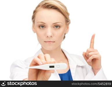 picture of female doctor with thermometer showing finger up.....