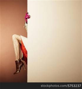 Picture of female legs in the interior. Conceptual fashion photo. Text background