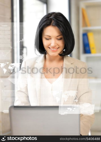 picture of friendly businesswoman with laptop computer and virtual screen