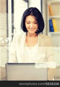 picture of friendly businesswoman with laptop computer and virtual screen. woman with virtual screen