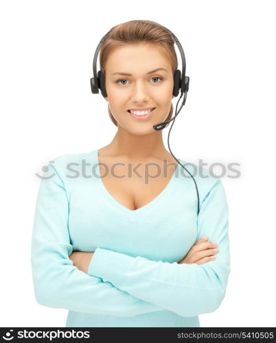 picture of friendly female helpline operator with headphones