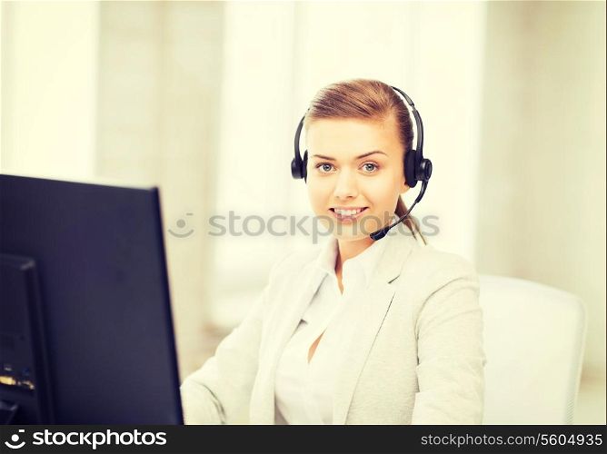 picture of friendly female helpline operator with headphones
