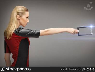 picture of futuristic woman with sci fi weapon