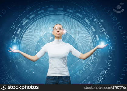 Picture of futuristic woman working with virtual technology. Girl and technologies of the future