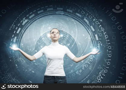 Picture of futuristic woman working with virtual technology. Girl and technologies of the future