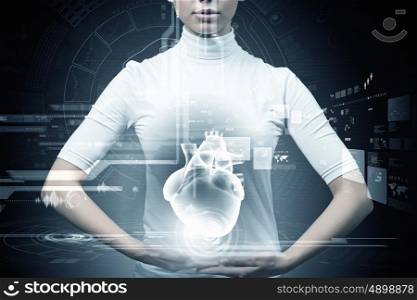 Picture of futuristic woman working with virtual technology. Girl and technologies of the future