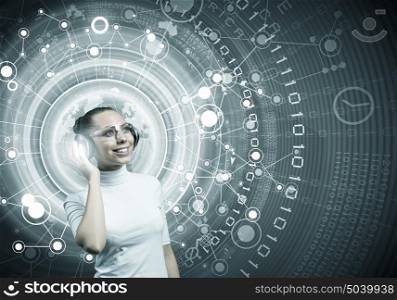 Picture of futuristic woman working with virtual technology. Girl and technologies of the future