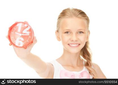 picture of girl holding alarm clock over white