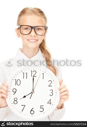 picture of girl holding big clock over white