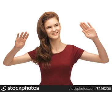 picture of girl in red dress working with something imaginary