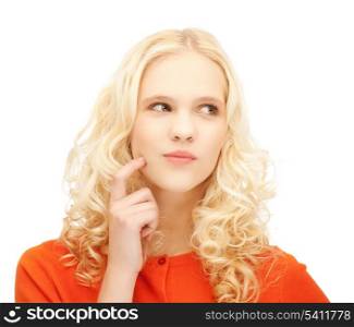picture of girl thinking with finger on her cheek