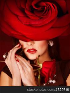 Picture of gorgeous woman wearing fashionable red roses hat, closeup portrait of brunette female with stylish makeup and flower on head, luxury beauty salon, Valentine day, style and fashion concept