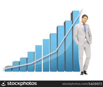 picture of handsome businessman with big 3d chart