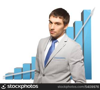 picture of handsome businessman with big 3d chart
