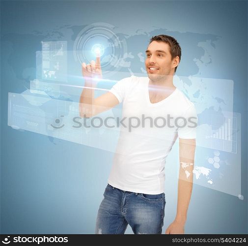 picture of handsome man touching virtual screen