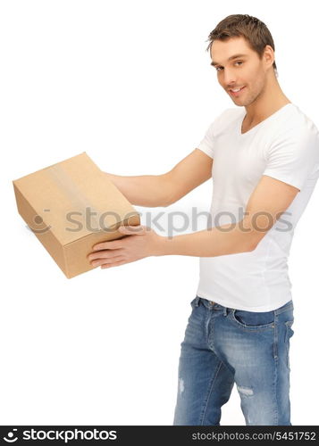 picture of handsome man with big box.