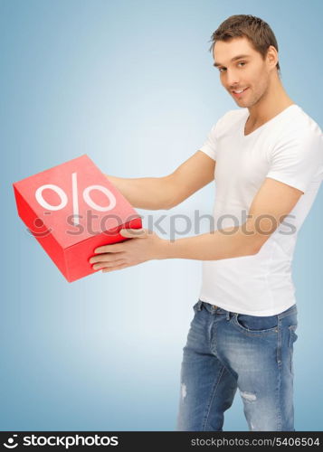 picture of handsome man with big percent box