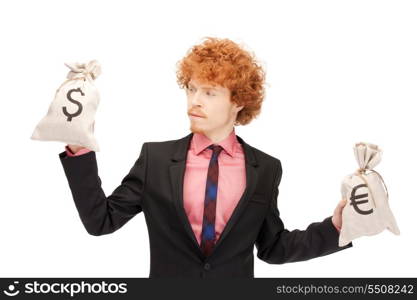 picture of handsome man with euro and dollar bags