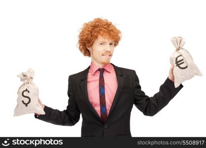 picture of handsome man with euro and dollar bags