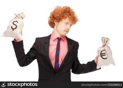 picture of handsome man with euro and dollar bags