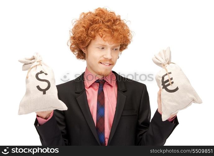 picture of handsome man with euro and dollar bags