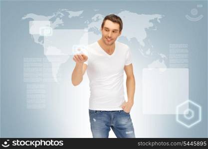 picture of handsome man working with touch screen