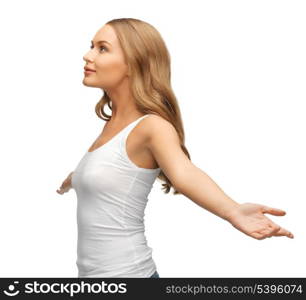 picture of happy and smiling woman spreading hands.