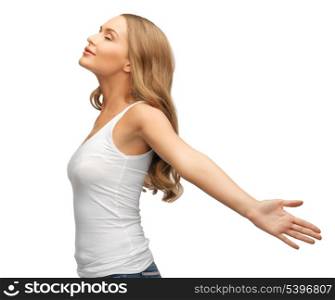 picture of happy and smiling woman spreading hands