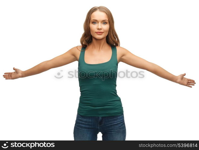 picture of happy and smiling woman spreading hands.