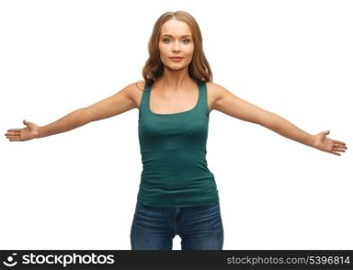 picture of happy and smiling woman spreading hands.
