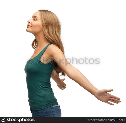picture of happy and smiling woman spreading hands.