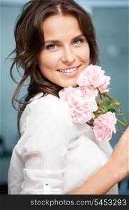 picture of happy and smiling woman with flowers