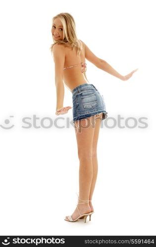 picture of happy blond in denim skirt over white