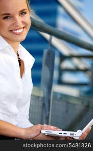 picture of happy businesswoman with laptop computer