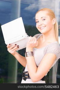 picture of happy businesswoman with laptop computer