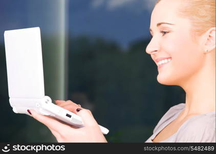 picture of happy businesswoman with laptop computer