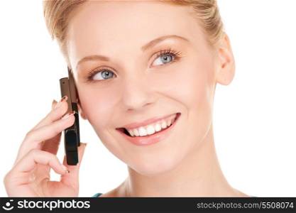 picture of happy businesswoman with phone over white