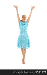 picture of happy girl in blue dress with hands up