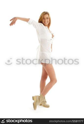 picture of happy girl in white dress and boots