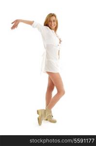 picture of happy girl in white dress and boots