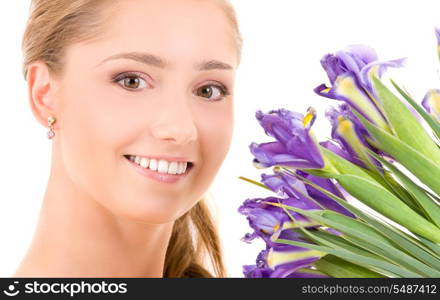 picture of happy girl with flowers over white