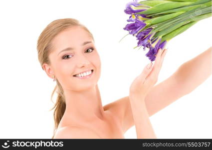 picture of happy girl with flowers over white