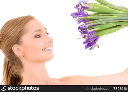 picture of happy girl with flowers over white