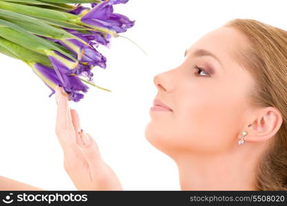 picture of happy girl with flowers over white