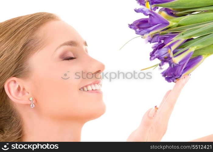 picture of happy girl with flowers over white