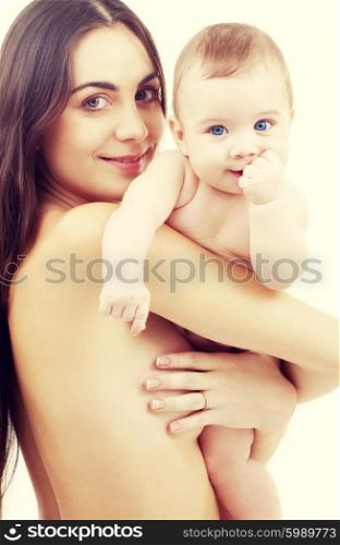 picture of happy mother with baby over white. clean baby in mother hands