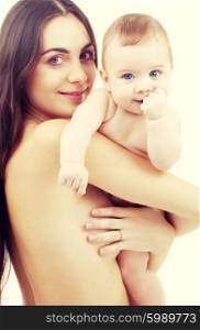 picture of happy mother with baby over white. clean baby in mother hands