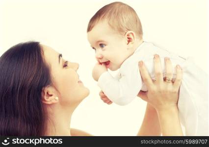 picture of happy mother with baby over white. happy mother with baby boy